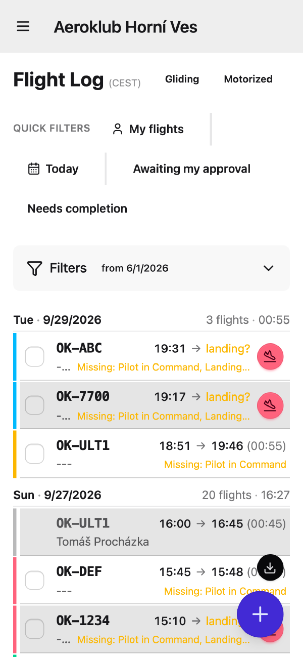 AeroclubHQ flight log on a phone